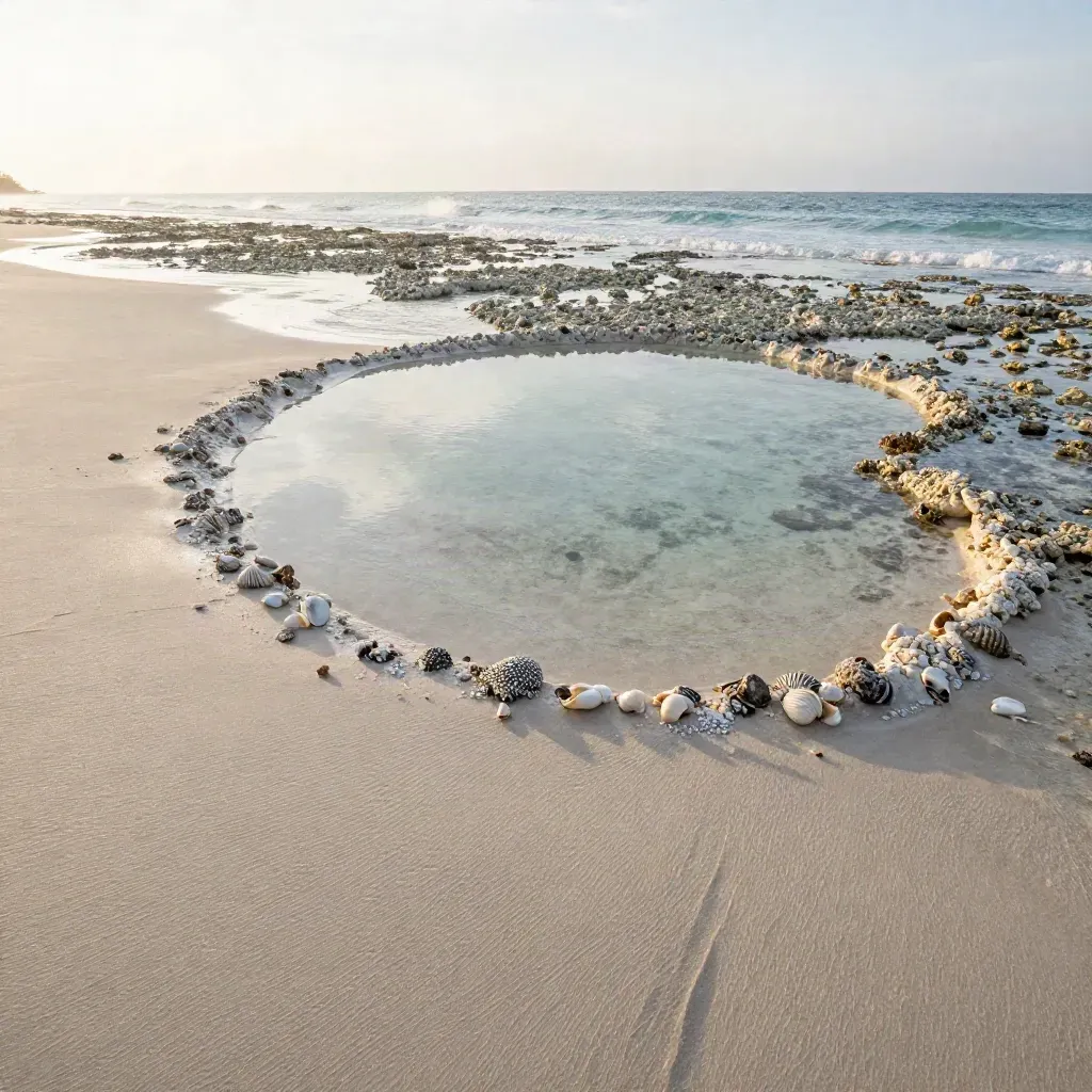 Pesisir Pulau Redang waktu pagi, air surut jernih dan kulit kerang di pasir basah.