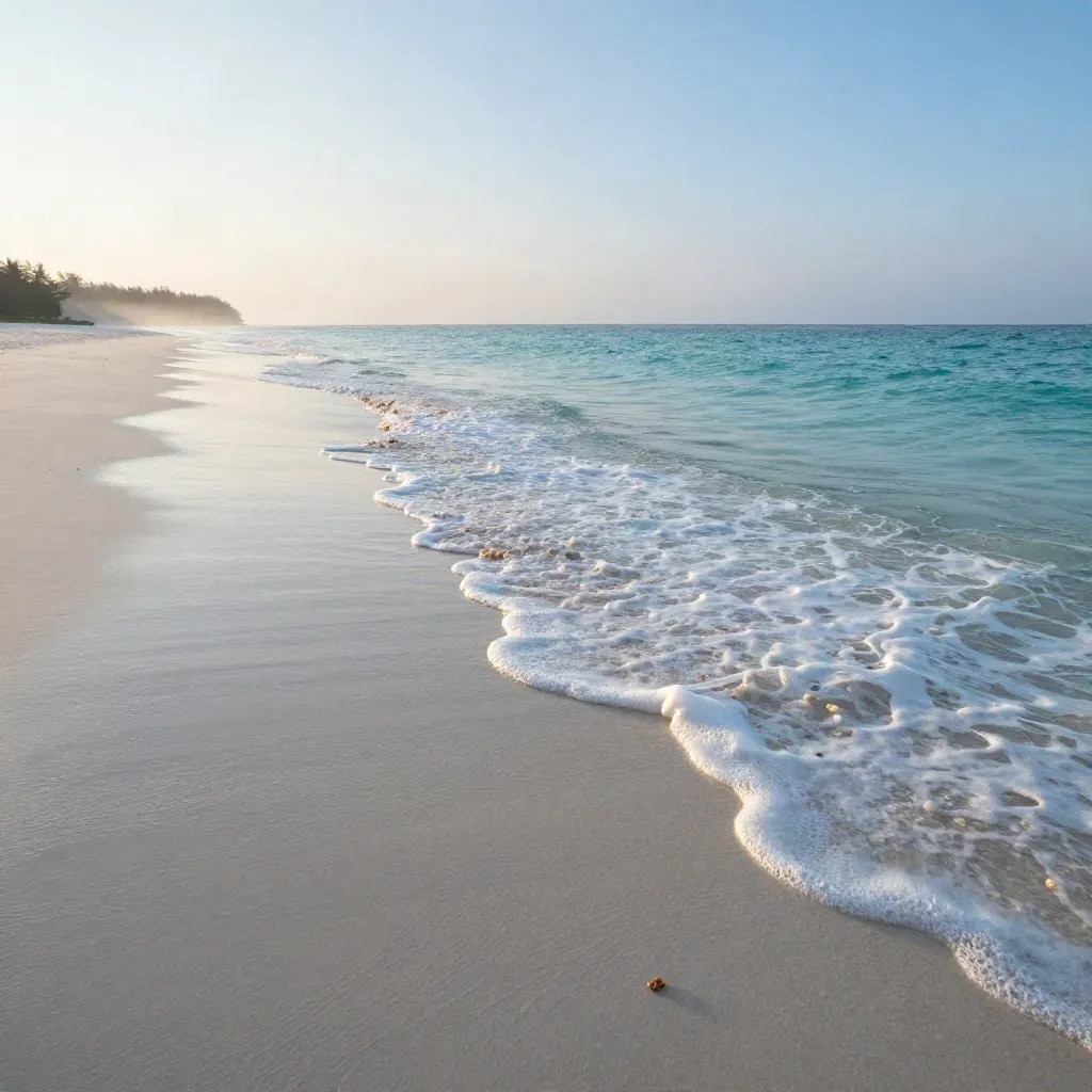 Pantai Redang waktu subuh, ombak halus menyapu pasir dan batu karang kecil.