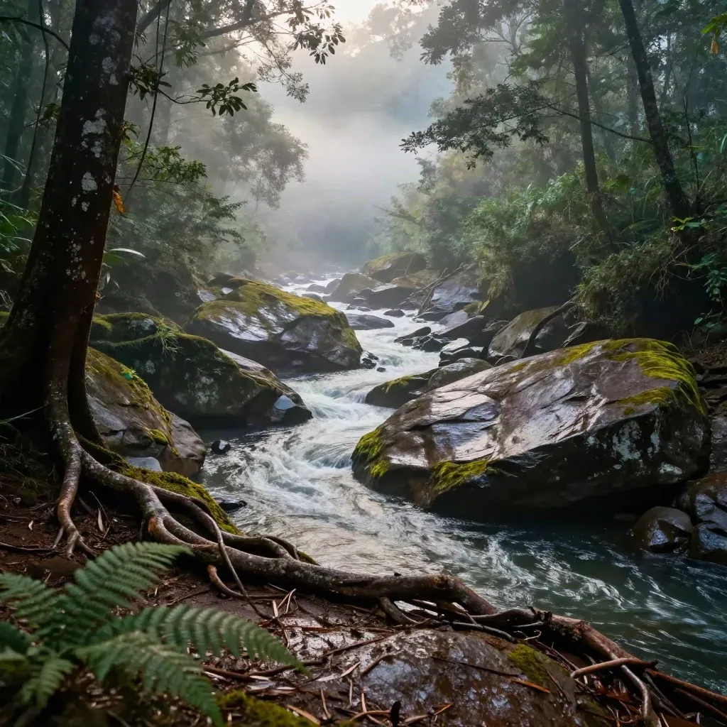 Kabut pagi menyibak selekoh sungai Endau-Rompin dari tebing tinggi yang berlumut.