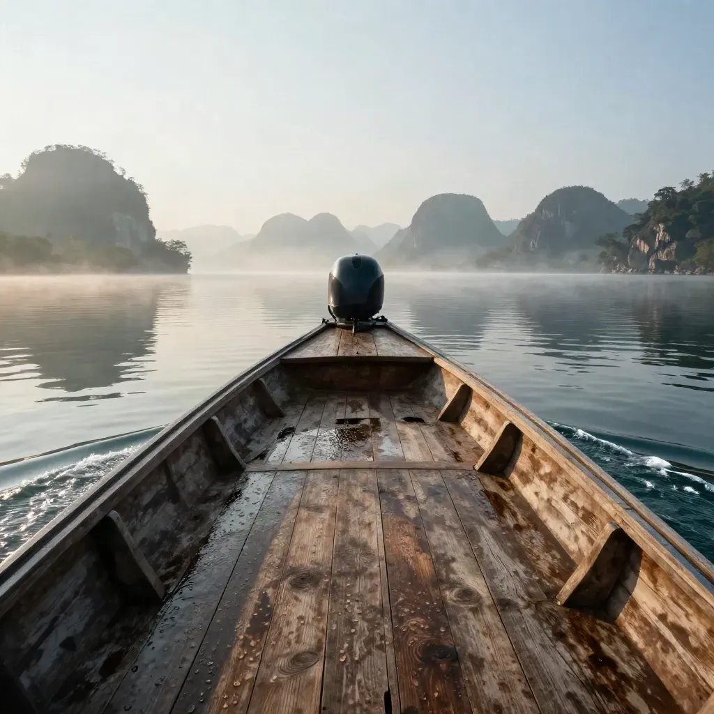 Bot kayu Tasik Kenyir meluncur di tasik tenang dengan jejak air nipis dan bukit batu kapur berkabus.